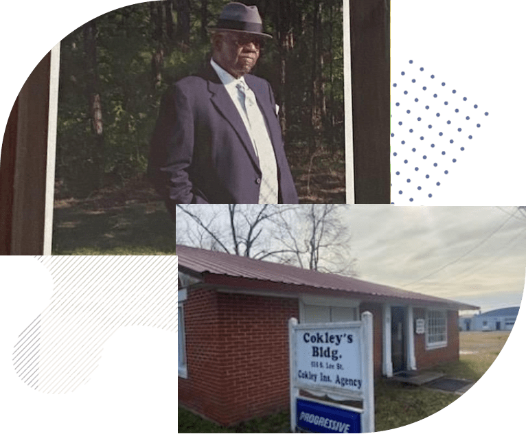 A collage of photos with a man in a suit and hat.