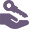 A purple hand holding a key in front of a green background.